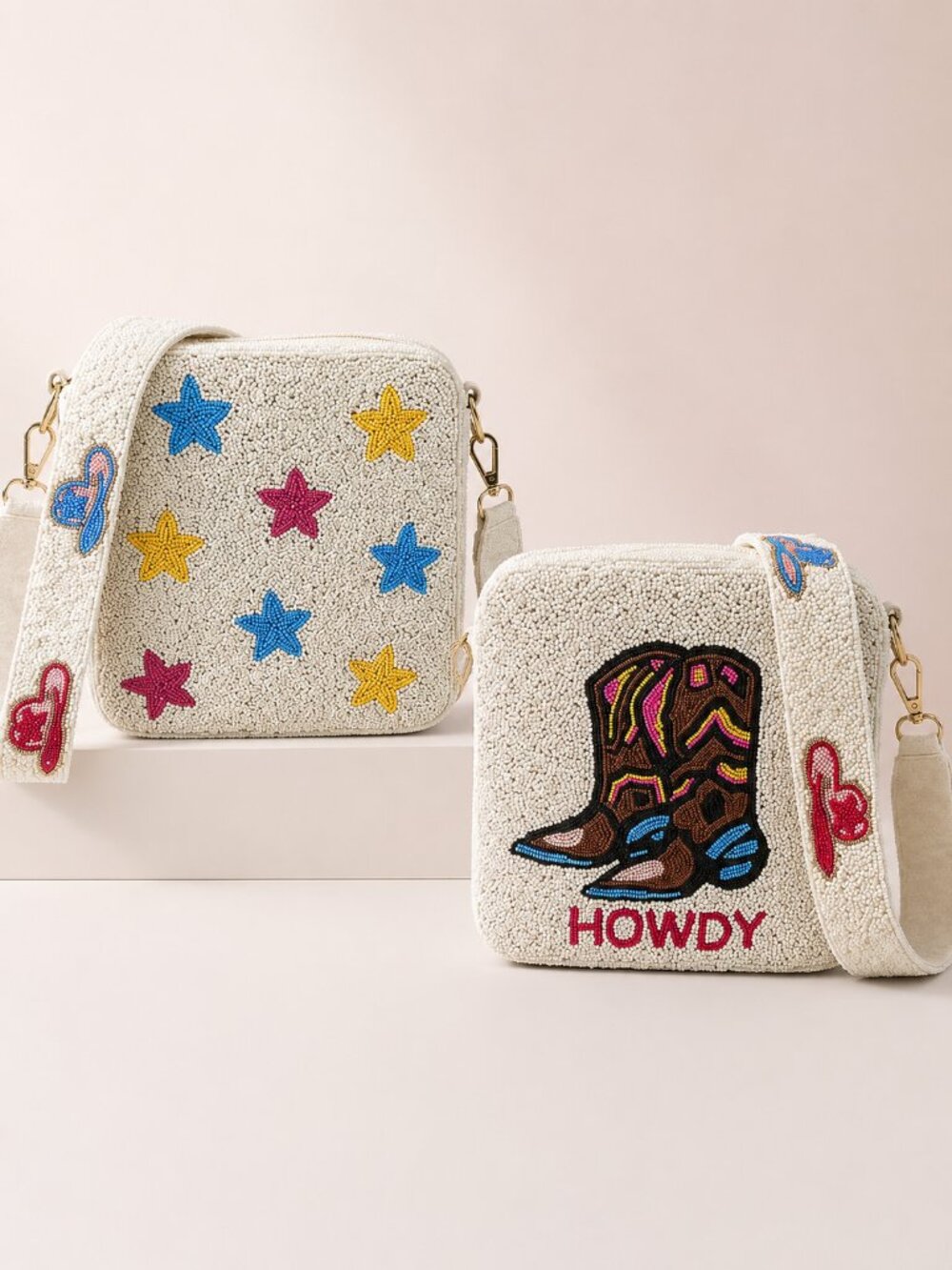 NEW HOWDY Cowboy Boots Country Western Beaded Crossbody Box Bag Handbag & Strap